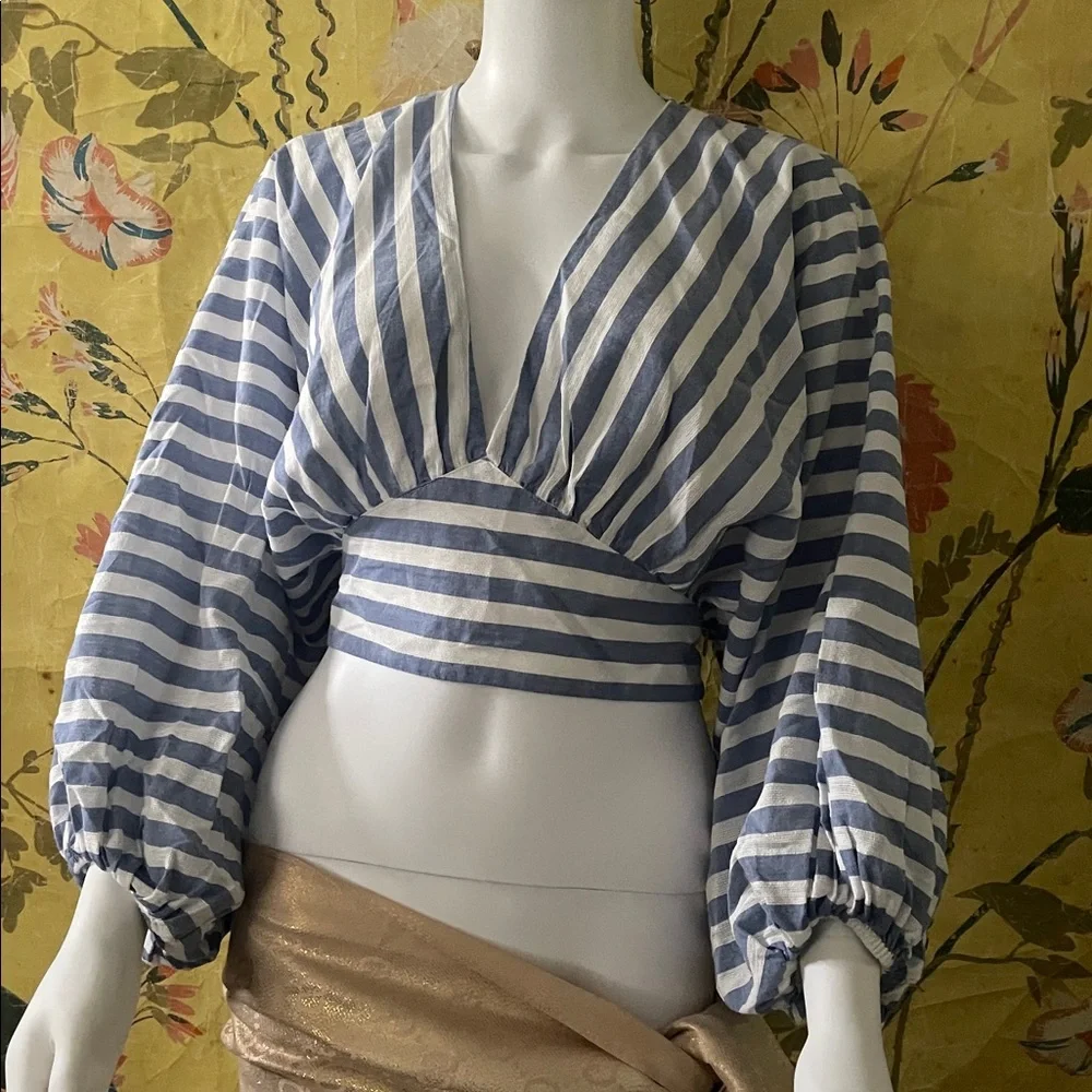 NEW Anthropologie Dolan Striped V-Neck Cropped Puff Sleeve Blouse